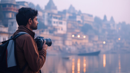 A contemplative Indian photographer stands by the water at dusk, camera in hand, as he captures the serene beauty of an ancient city illuminated by warm lights.