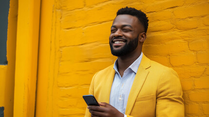 A stylish young black man in a yellow blazer checks his phone while leaning against a vibrant yellow wall, embodying modern fashion and a relaxed urban lifestyle.