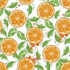 Slices of oranges with leaves, painted in watercolor. Seamless pattern