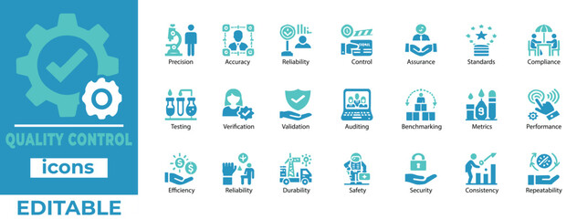  Editable Quality Control Icon Set: Precision, Testing, Auditing, Metrics, and Compliance Perfect for QA Projects