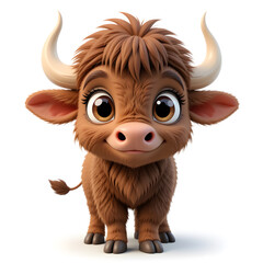 3d cute with big eyes cartoon bison, isolated on a white background