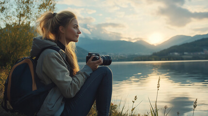A young Caucasian woman with a camera captures the stunning sunset over a serene lake, embodying the essence of adventure and the beauty of nature in her photography.
