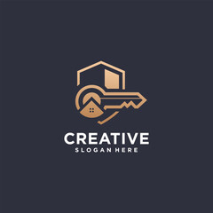 key logo design, house key, apartment building for home protection