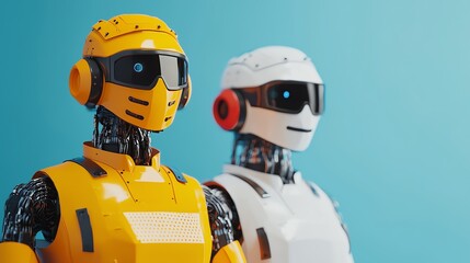 Fototapeta premium Two futuristic robots with vibrant colors and modern designs against a blue background.