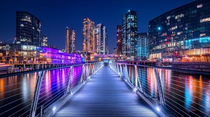 Obraz premium Night cityscape with illuminated bridge and modern skyscrapers reflecting on water.