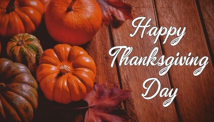 Close-Up of Rustic Orange Pumpkin on Wooden Background with Handwritten 'Happy Thanksgiving Day' Text. Perfect for Holiday Greetings, Social Media Posts, Seasonal Marketing or Thanksgiving Decor Idea