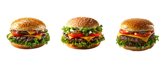 set of hamburger isolated on a transparent background, in PNG format, cheeseburger PNG