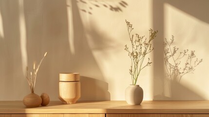 Minimalist wooden shelf with decor and soft shadows