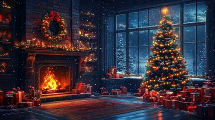 A traditional country house living room is decorated with lights and candles. Large stone open fireplace. Christmas gifts and souvenirs.