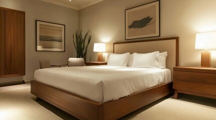 Luxurious bedroom with king-size bed, wooden furniture, and calming decor.