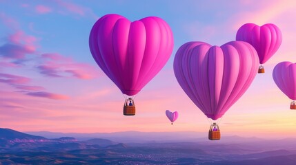 Obraz premium A whimsical pink heart-shaped hot air balloon floating above pastel hills and flowers