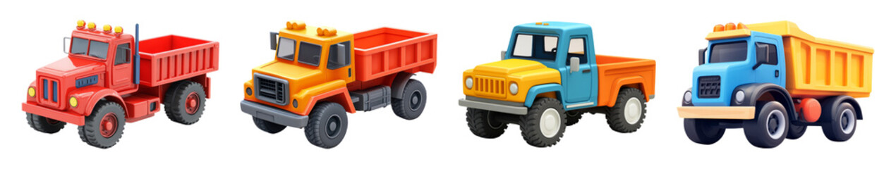 Naklejka premium Colorful Toy Trucks Isolated on Transparent Background