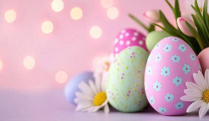 Obraz premium Pastel Easter Bokeh Lights with Eggs and Spring Flowers