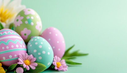 Fototapeta premium Easter-themed Pastel Pink and Mint Green Bokeh Lights Background with Colorful Easter Eggs and Spring Flowers
