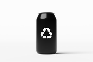 Obraz premium Black aluminum can promoting recycling with white symbol on white background