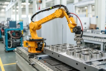 Automated manufacturing with industrial robotic arm in modern factory setting.