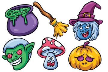 Set of Hand drawn halloween element. collection of cauldron, witch broom, dracula, mushroom, pumpkin Isolated Vector