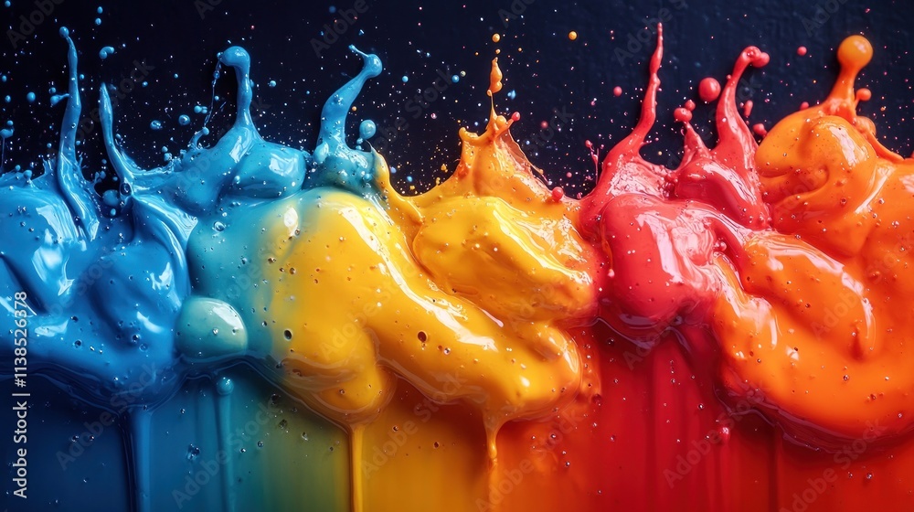 Poster vibrant splashes of paint in blue, yellow, orange, and red, creating a dynamic visual effect.