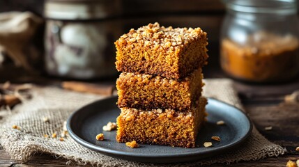 Pumpkin crunch cake slices stacked on a rustic plate, with a backdrop of burlap and vintage jars