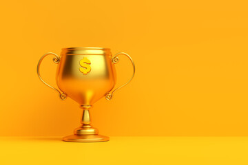 Golden trophy symbolizing financial success on orange background