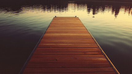 Obraz premium A tranquil lake dock at sunset, with the sky ablaze in colors