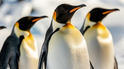 A close-up view of emperor penguins standing in the Antarctic snow, showcasing their striking black, white, and yellow plumage under soft sunlight, with a blurred icy background