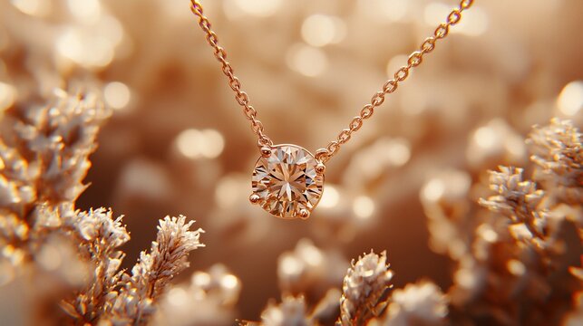 Rose gold necklace with solitaire diamond pendant, bokeh background.