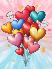 colorful hearts  against a bright blue background, celebrating love, positivity, and joy for Valentine's Day.