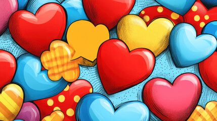 colorful hearts  against a bright blue background, celebrating love, positivity, and joy for Valentine's Day.