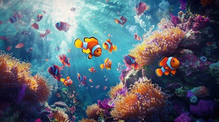 Obraz premium Vibrant underwater scene with clownfish swimming among colorful coral reefs.