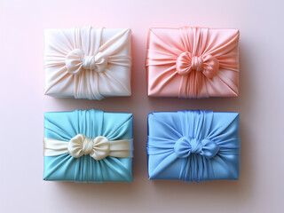 Bojagi presents, Korean traditional holiday bojagi template with a present beautifully wrapped with a pastel silky wrapping cloth, for Seollal, Chuseok