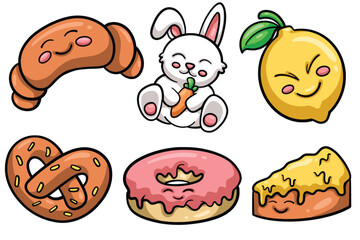 Fototapeta premium Set of Hand drawn kawaii element. collection of croissant, bunny, lemon, pretzel, donuts, cake Isolated Vector