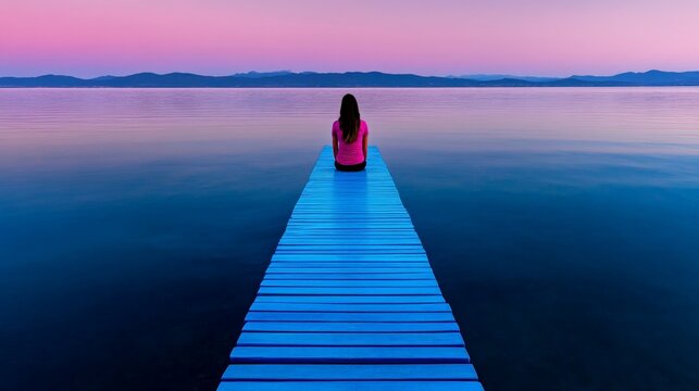 Solitude at Dusk: A woman sits alone on a long blue pier extending into a serene lake at sunset, the colors of the sky reflected in the still water.  Contemplation, peace.