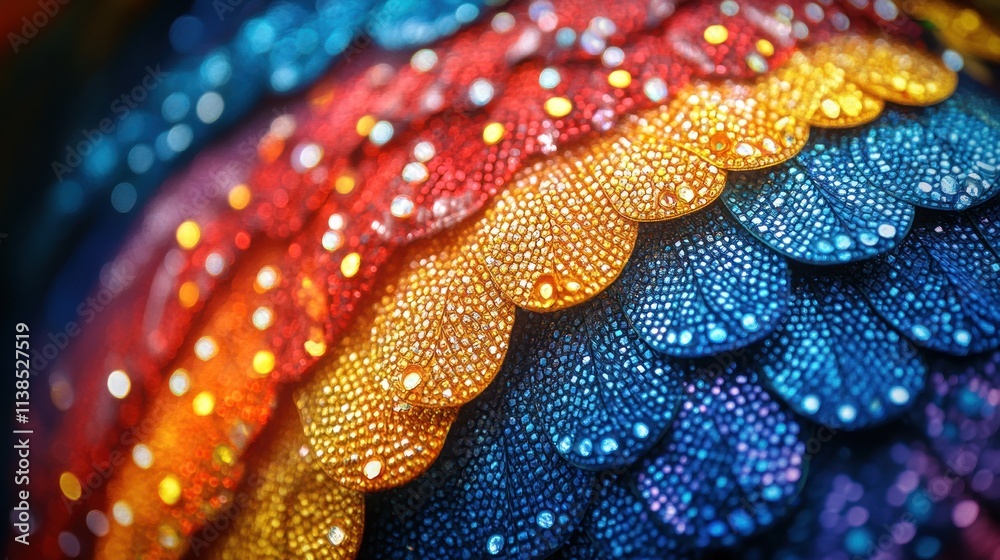 Poster Vibrant, textured scales in a gradient of colors, showcasing intricate patterns and details.