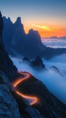 Breathtaking Mountain Landscape at Sunset with Winding Road and Misty Valleys in the Dolomites, Italy, Showcasing Nature's Majestic Beauty and Tranquility