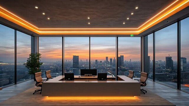 Soft lighting embedded in the gypsum ceiling panels adds warmth to the modern office space.