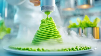 The nozzle of a 3D food printer depositing vibrant green spinach