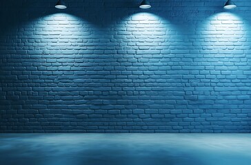 A modern blue studio room with a textured brick wall, lit by a soft light from the ceiling