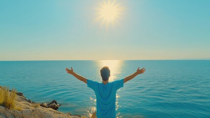 Fototapeta premium Young Person Embracing Sunlight by the Tranquil Ocean at Sunset
