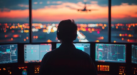Control tower operator monitors air traffic during sunset at a busy airport