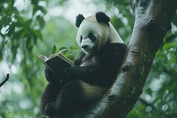 Obraz premium A charming panda bear sits on a tree branch, engrossed in reading a book amidst a lush green forest.