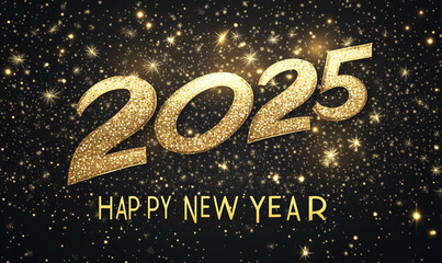 A golden, glittering background with the text 2025 and below it, written in small letters, HAPPY NEW YEAR .