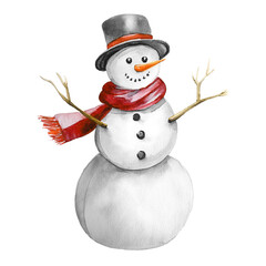 Watercolor painting of cute snowman wearing a red scarf and top hat isolated on white background. Clipart of a snowman in red tones. Perfect for winter greeting cards and seasonal illustrations.