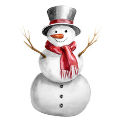 Watercolor painting of cute snowman wearing a red scarf and top hat isolated on white background. Clipart of a snowman in red tones. Perfect for winter greeting cards and seasonal illustrations.