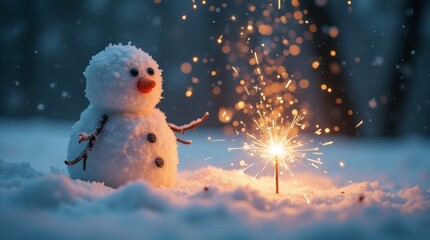 Obraz premium Cute Snowman with Sparkler in Winter Wonderland Snow