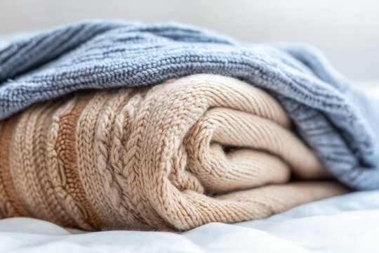 Soft and warm knitted blanket folded creatively to showcase its intricate textured patterns, perfect for adding a cozy touch to any space. The clean white background enhances its inviting appeal.