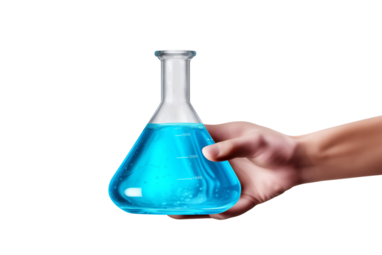 A hand in a blue glove holding a laboratory flask with liquid, isolated on transparent background.