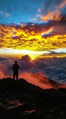 Fototapeta premium Breathtaking Sunset Over Clouds from Mountain Peak with Silhouetted Hiker Admiring Nature's Splendor and Scenic Beauty in the Evening Sky