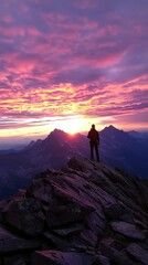 Fototapeta premium Breathtaking Sunset Over Mountain Peaks with Silhouette of a Hiker Captivating Nature's Beauty in a Majestic Landscape