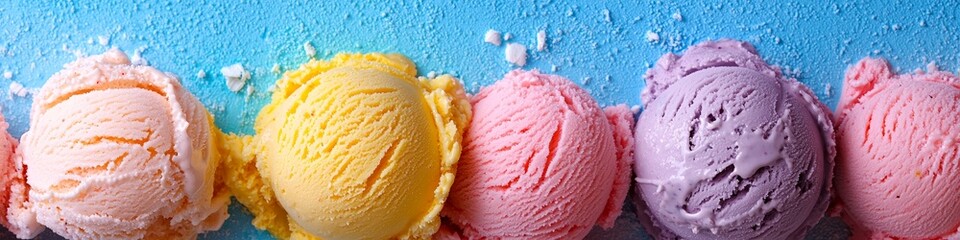 Brightly colored varieties of ice cream. 
